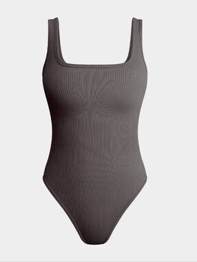 OQQ Ribbed Square Neck Sleeveless Tank Tops Bodysuit - Dark Gray